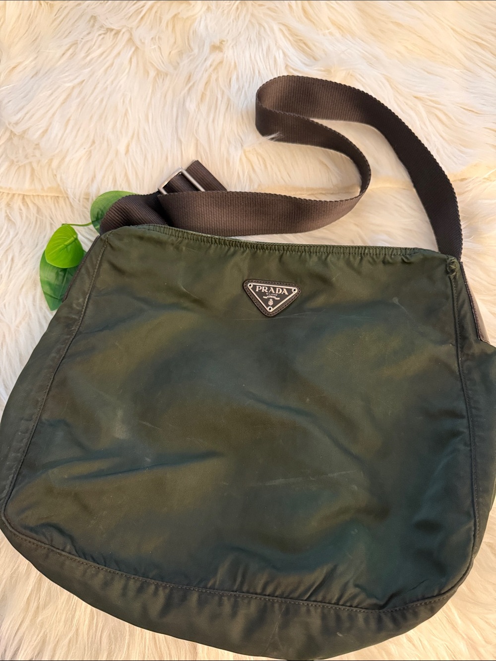 Prada Dark Green Nylon Messenger Bag with Black Strap